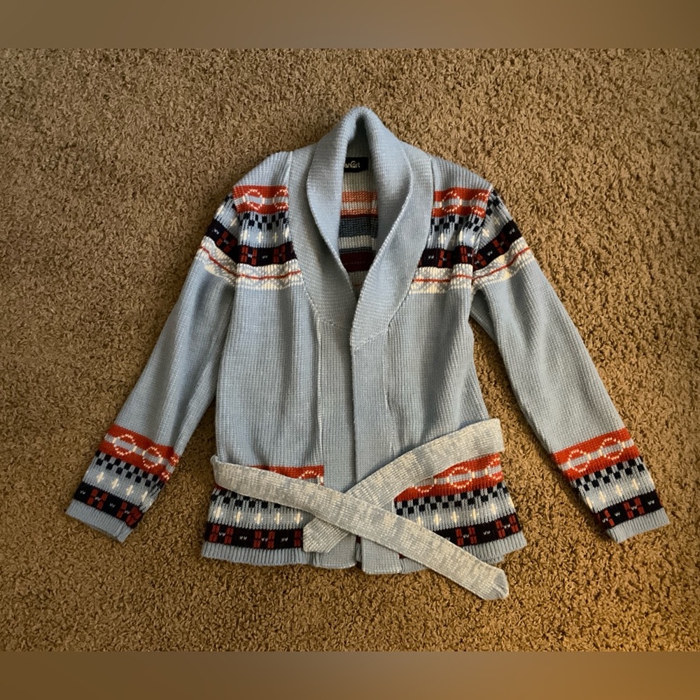 Genuine Vintage 1970’s VanCort Blue Patterned Cardigan, Original Belt, Boho, Fab